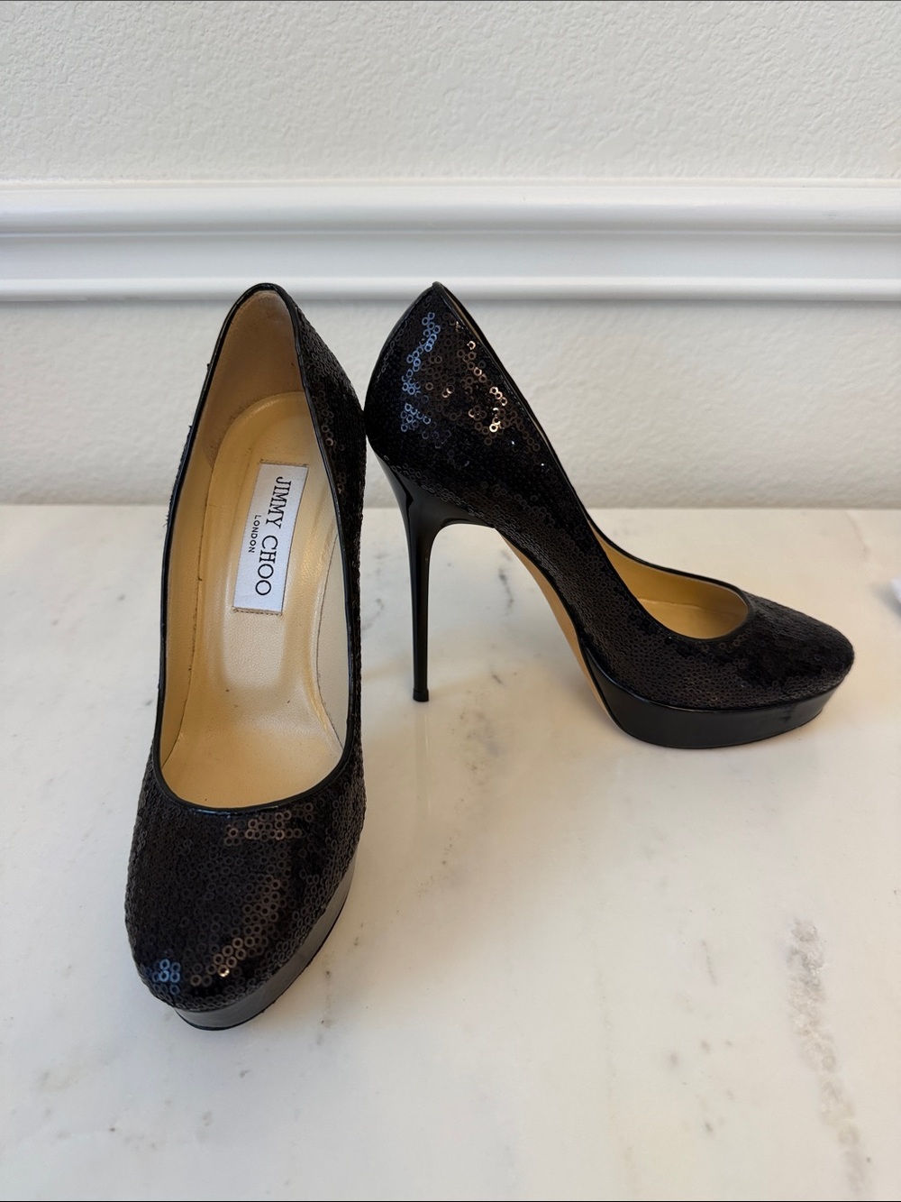 Jimmy Choo Black Sequin Platform Stiletto Pumps